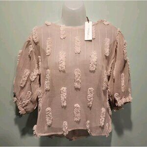 New Yuni Los Angeles Tan Sheer Puff Short Sleeve Top 3D Puff Accents Sz S
